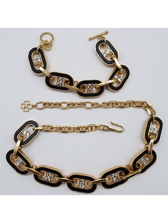Ann Taylor Jewelry - Ann Taylor Bracelet & Necklace Set Inlay Black Leather Gold Tone Chunky Chain VT